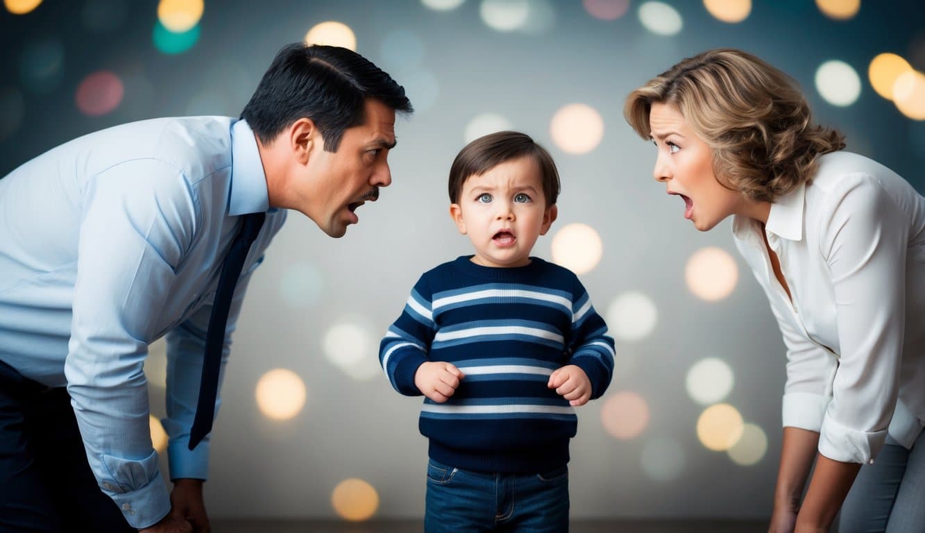 Un niño de pie con una expresión de confusión mientras dos padres enojados se ciernen sobre él.