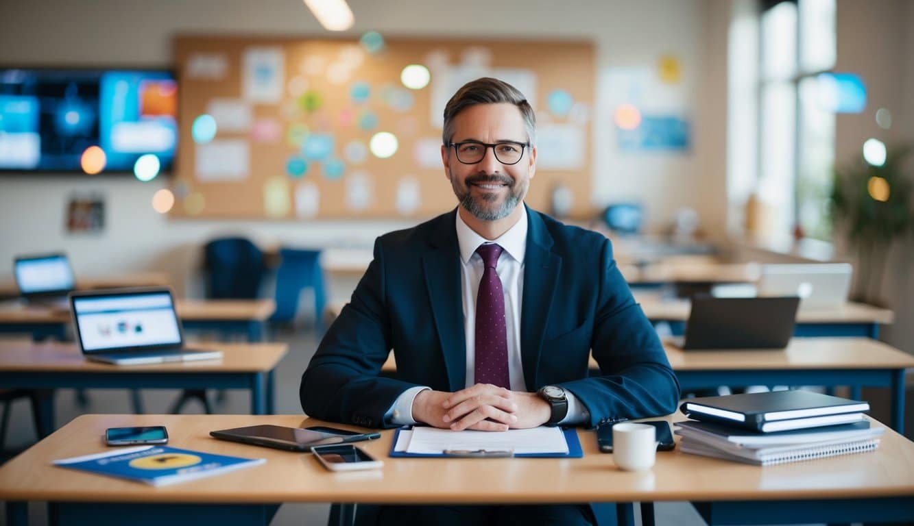 Un director de marketing en un escritorio escolar, rodeado de dispositivos digitales y materiales promocionales