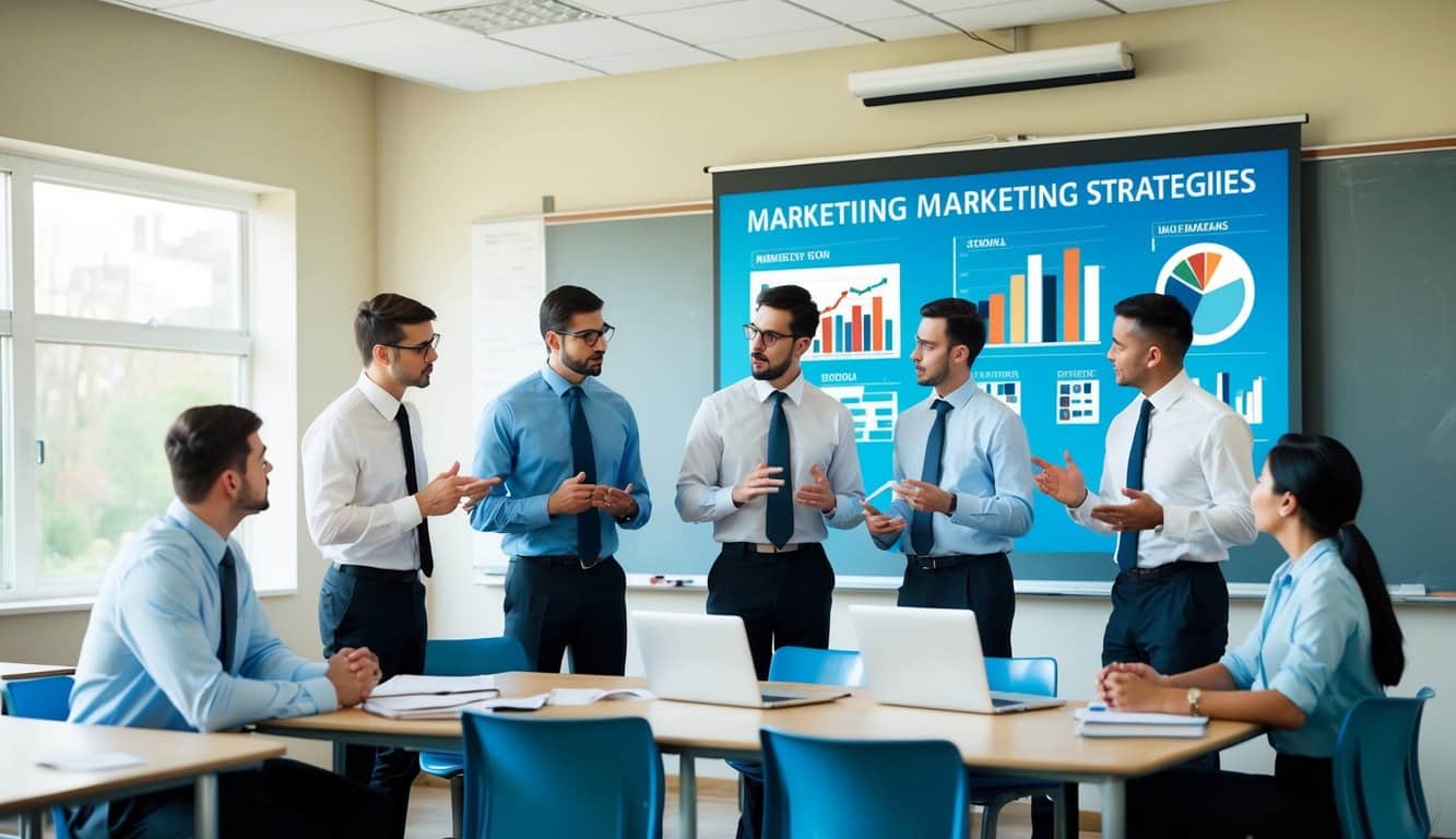 Un grupo de profesionales discutiendo estrategias de marketing en un entorno escolar, con gráficos y tablas mostrados en una pantalla grande.