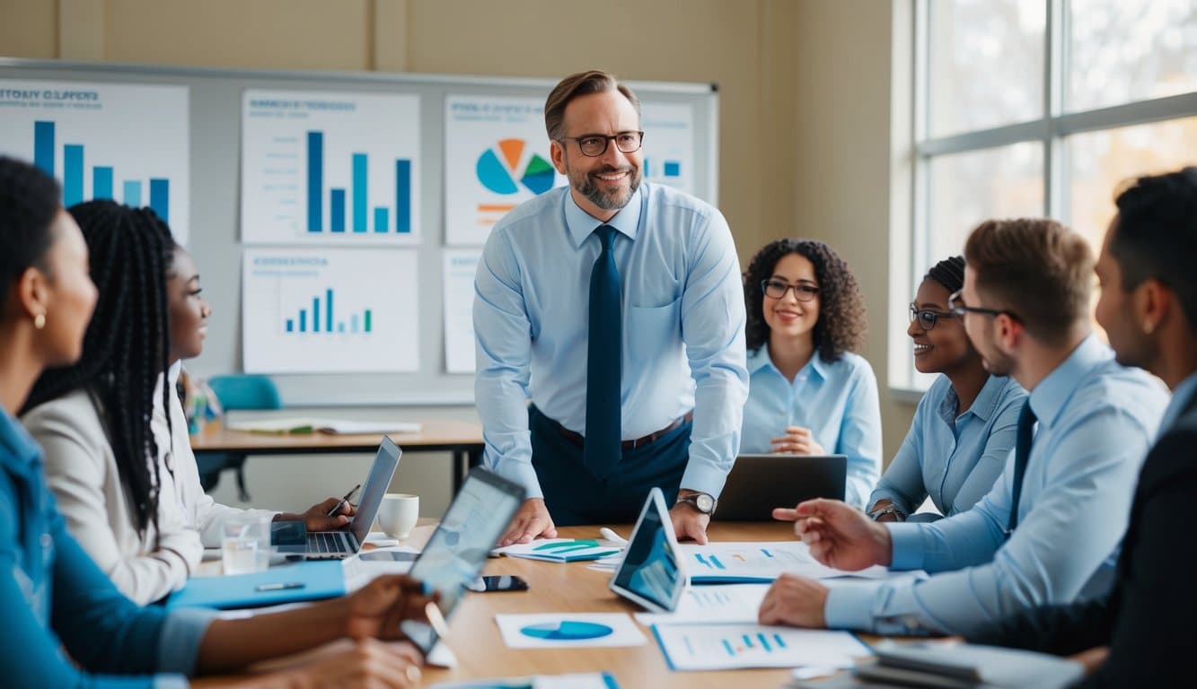 Un director de marketing en una escuela, liderando con confianza una reunión de equipo, rodeado de gráficos, tablas y materiales de marketing.