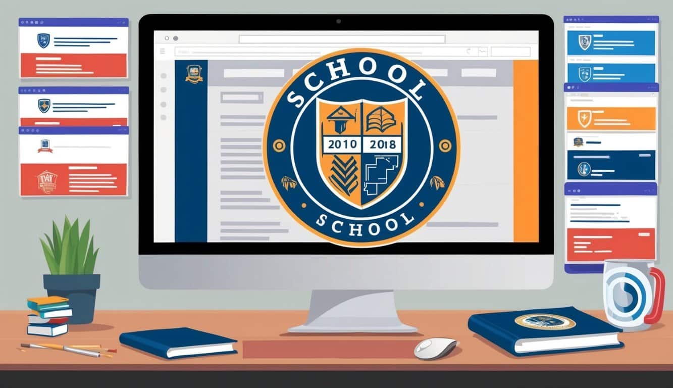 Un emblema escolar mostrado en una pantalla de computadora con múltiples pestañas abiertas para estrategias de remarketing