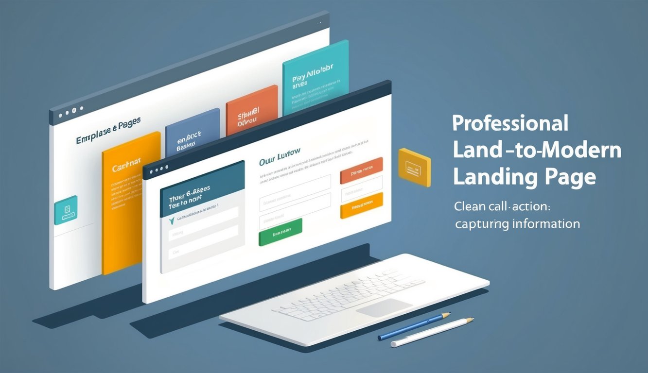 Un diseño de página de destino limpio y moderno con botones de llamada a la acción claros y formularios para capturar información.