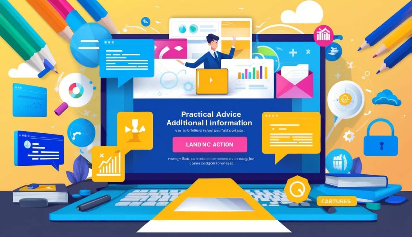Una página de destino vibrante y dinámica con un claro botón de llamada a la acción rodeado de visuales y gráficos atractivos, que transmite una sensación de consejos prácticos y estrategias adicionales para capturar información.