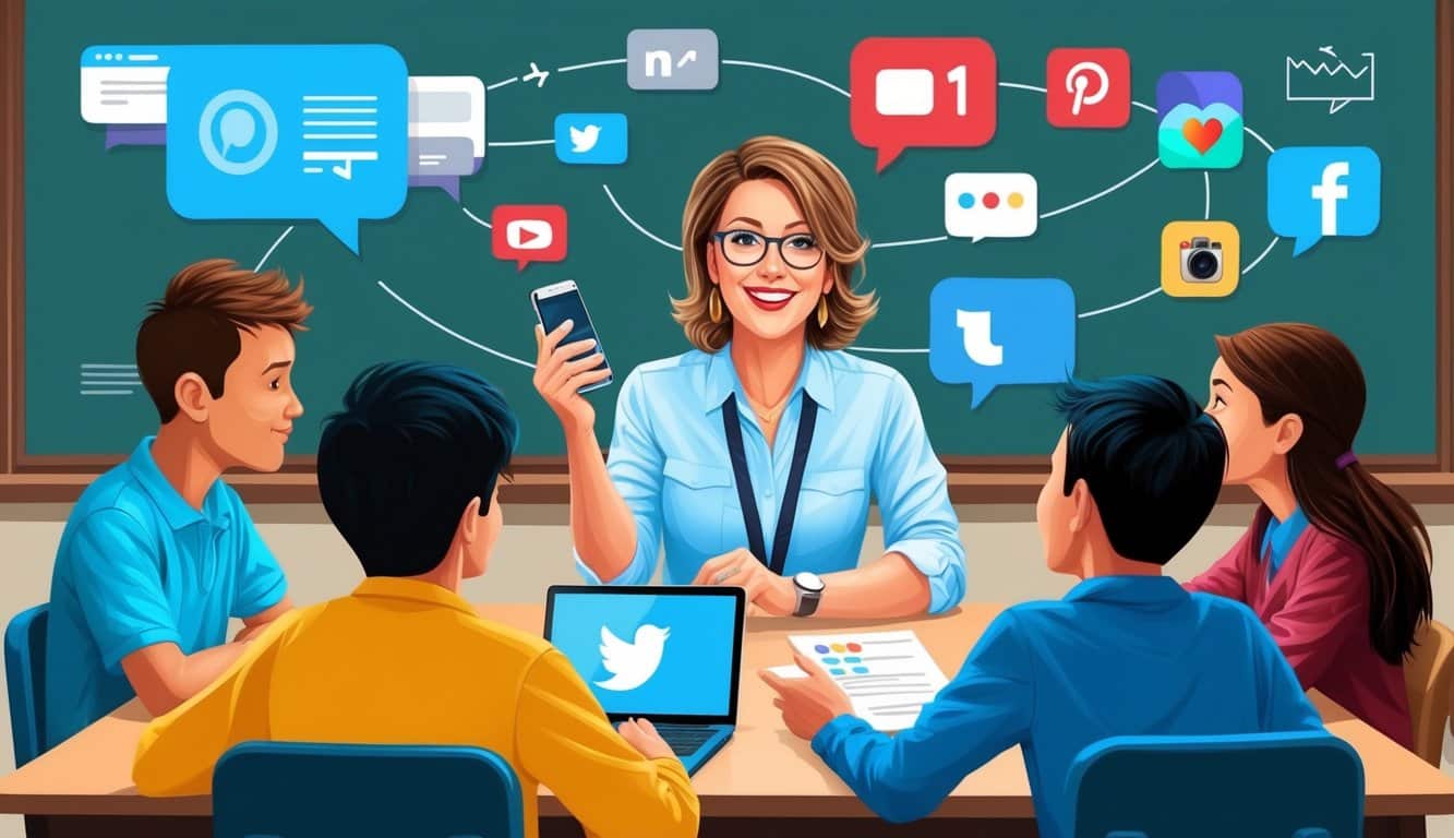 Un maestro interactúa con los estudiantes a través de las redes sociales, compartiendo contenido educativo y participando en discusiones.