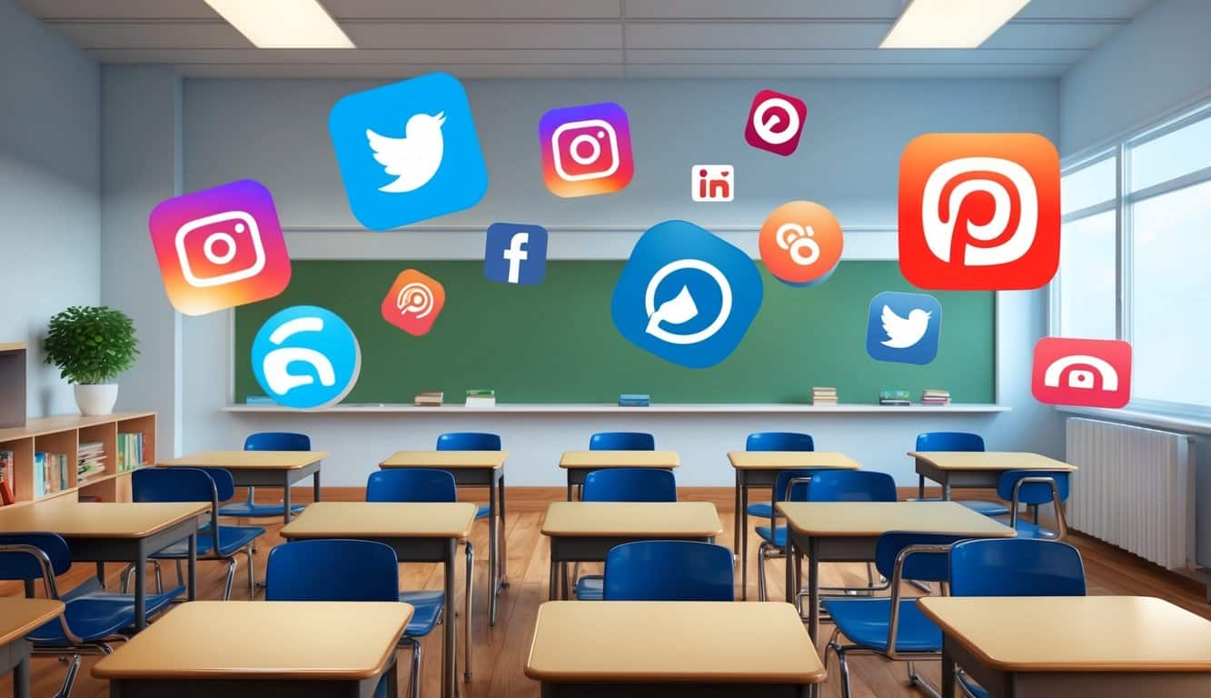 Un aula con varios logotipos de redes sociales flotando sobre los escritorios, representando diferentes plataformas para la divulgación educativa.