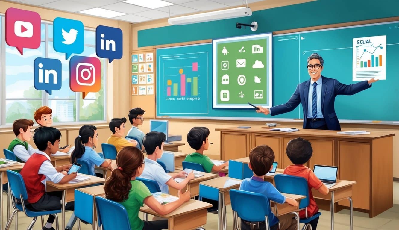 Un aula con un maestro utilizando íconos de redes sociales y gráficos para involucrar y educar a los estudiantes